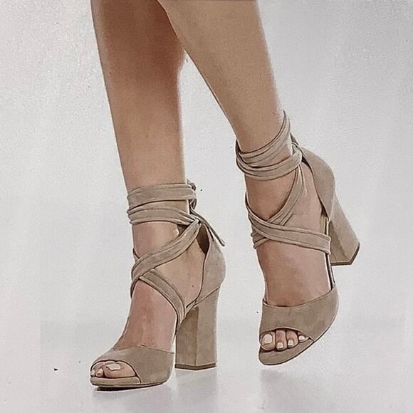 Karl Lagerfeld Shoes - Karl Lagerfeld Racha Nude Suede Ankle tie Block heels warp sandals SZ 7.5M